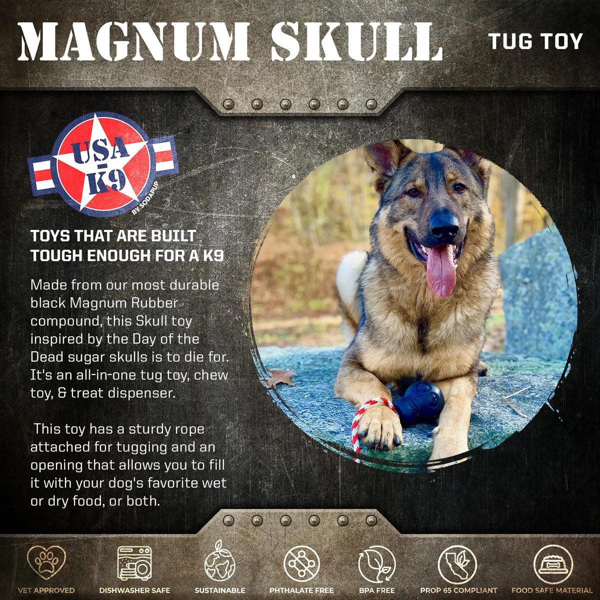 USA-K9 Magnum Skull - Black Magnum Rubber Chew Toy for Extreme Chewers